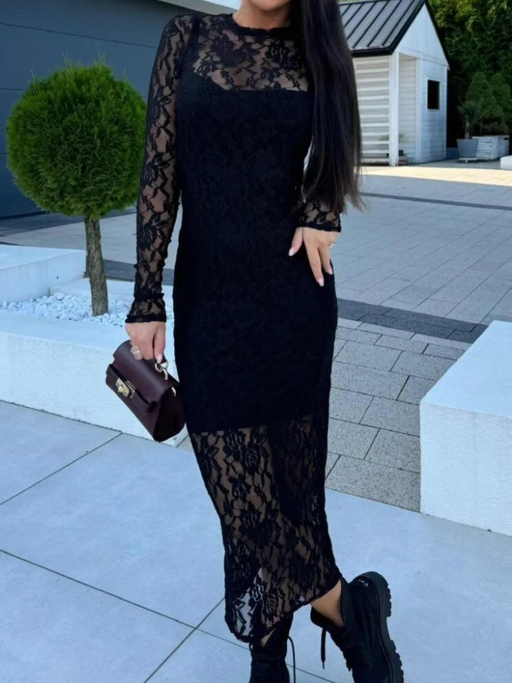 Lace Round Neck Long Sleeve Midi Dress in Black