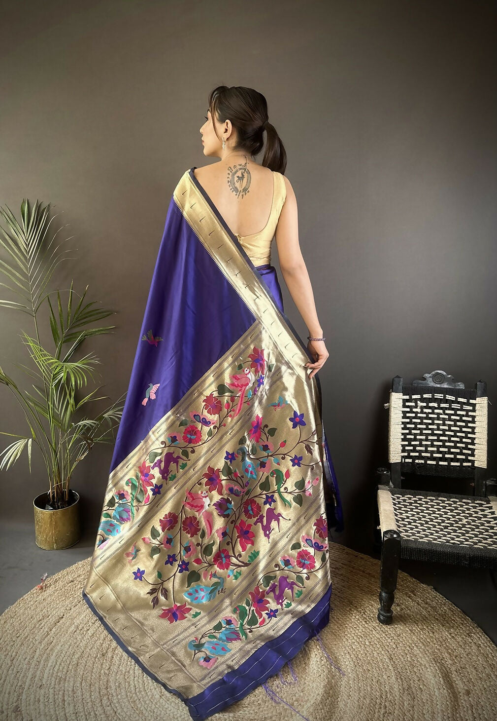 Royal Blue Floral Paithani Saree in Soft Silk with Blouse Piece