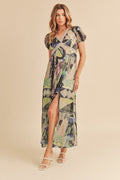 Chiffon maxi dress with geometric pattern, lace trim, and side slit