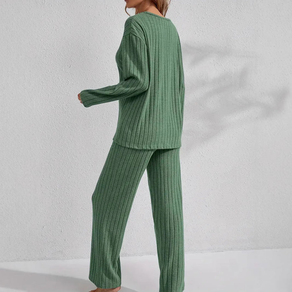 Women's Ribbed Long Sleeve Top and Pants Loungewear Set - Image 4