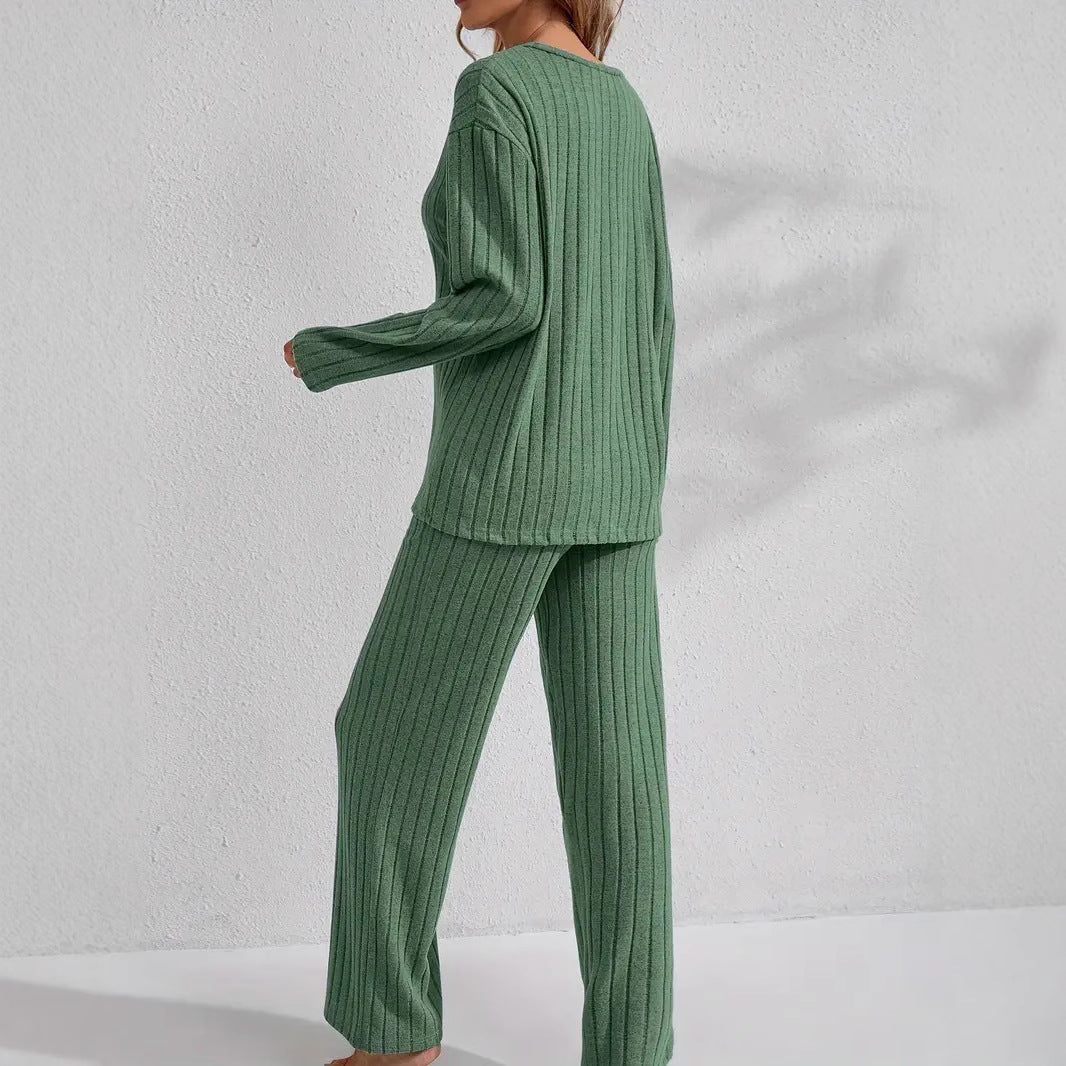 Women's Ribbed Long Sleeve Top and Pants Loungewear Set - Image 4