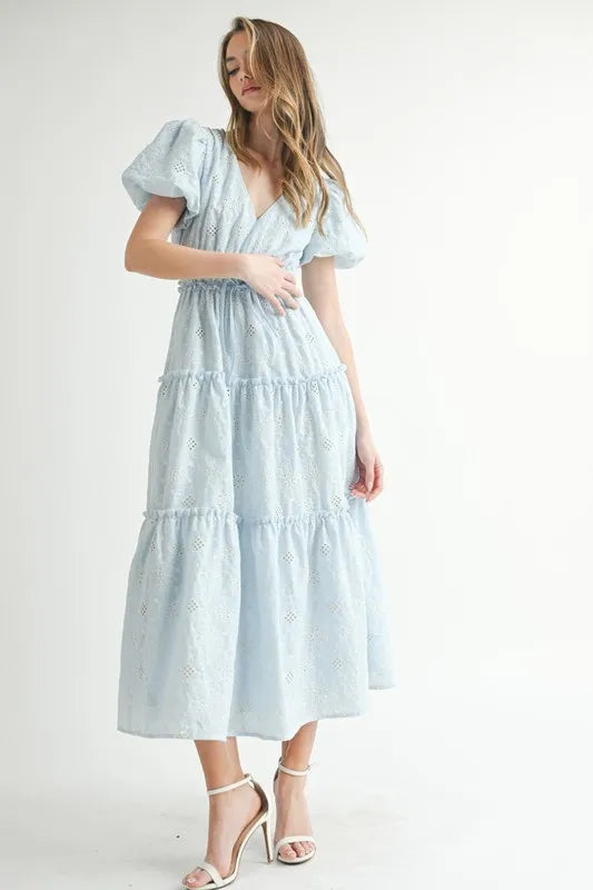 Eyelet Lace Puff Sleeve V-Neck Midi Dress