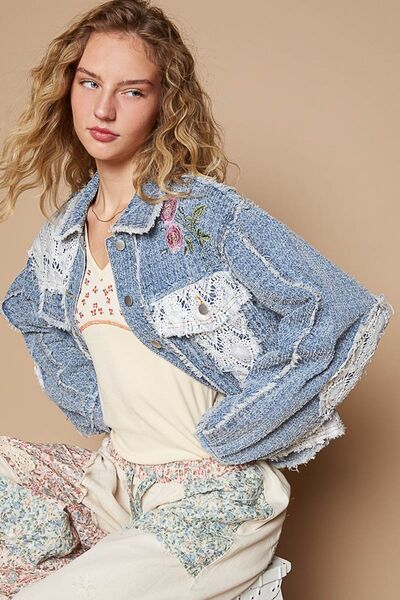 Boho Crochet Patch Button-Up Jacket with Delicate Embroidery