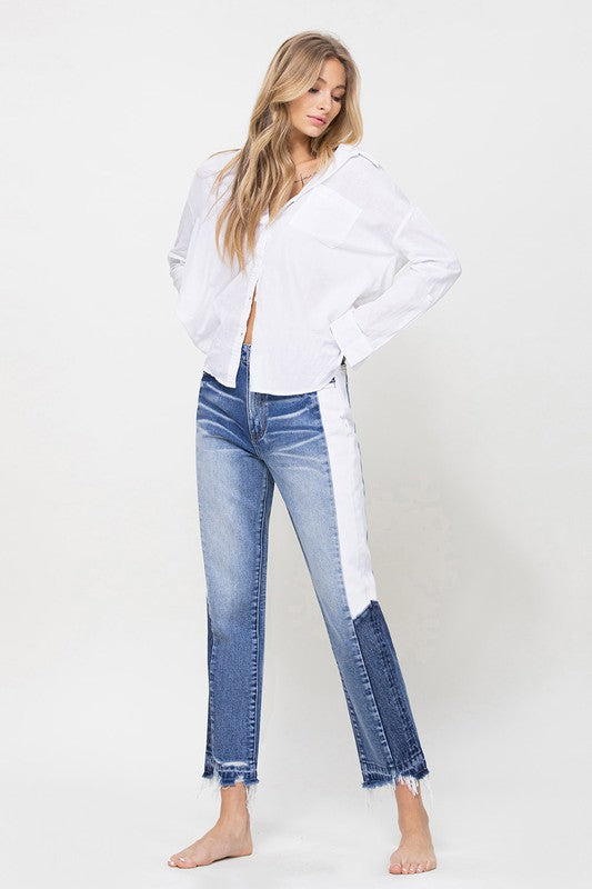 Super High Rise Straight Jeans with Side Blocking Panel