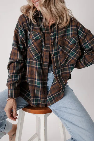 Women's Classic Plaid Button-Up Jacket - Lightweight Cotton