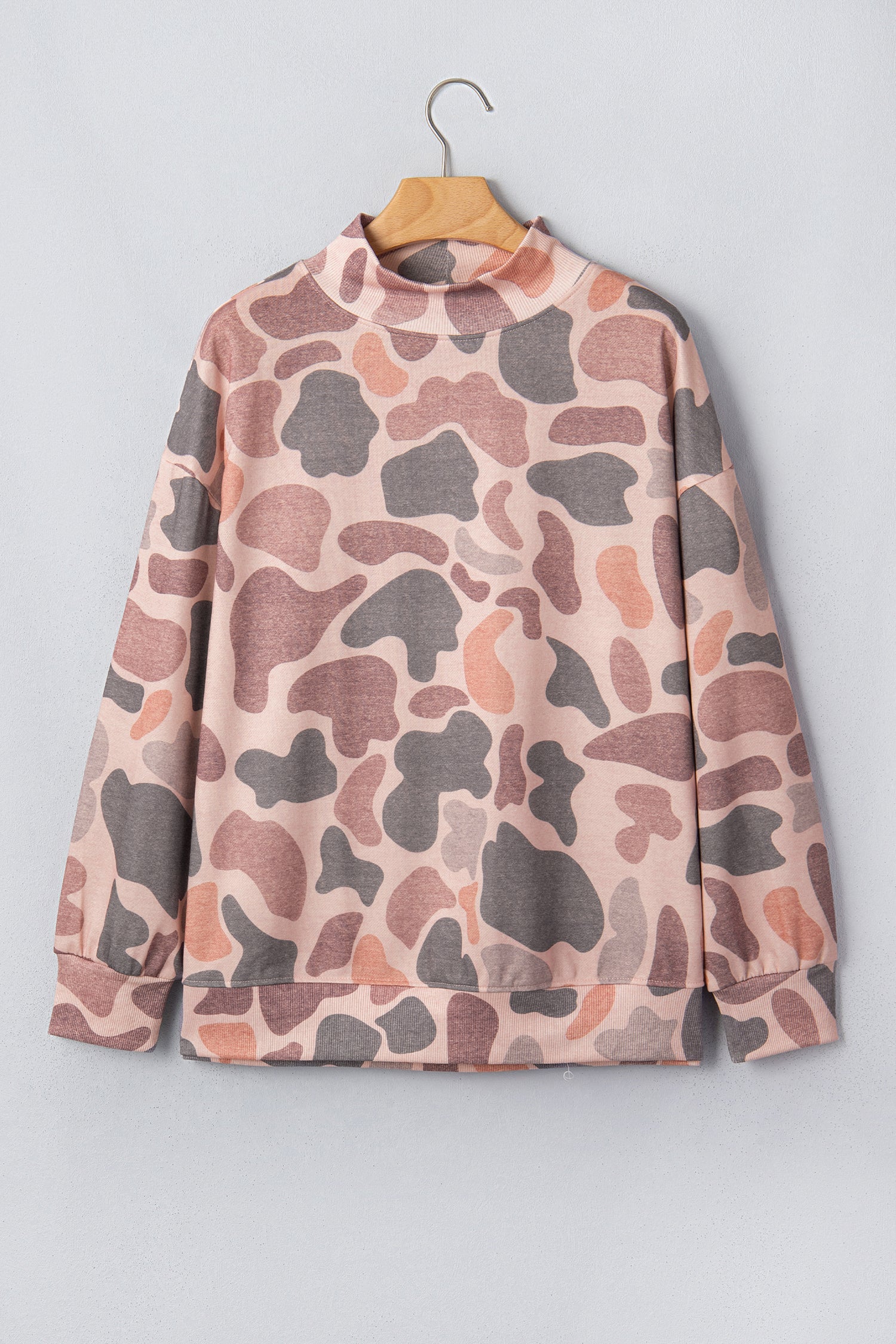 Camo Ribbed Trim Mock Neck Long Sleeve Sweatshirt