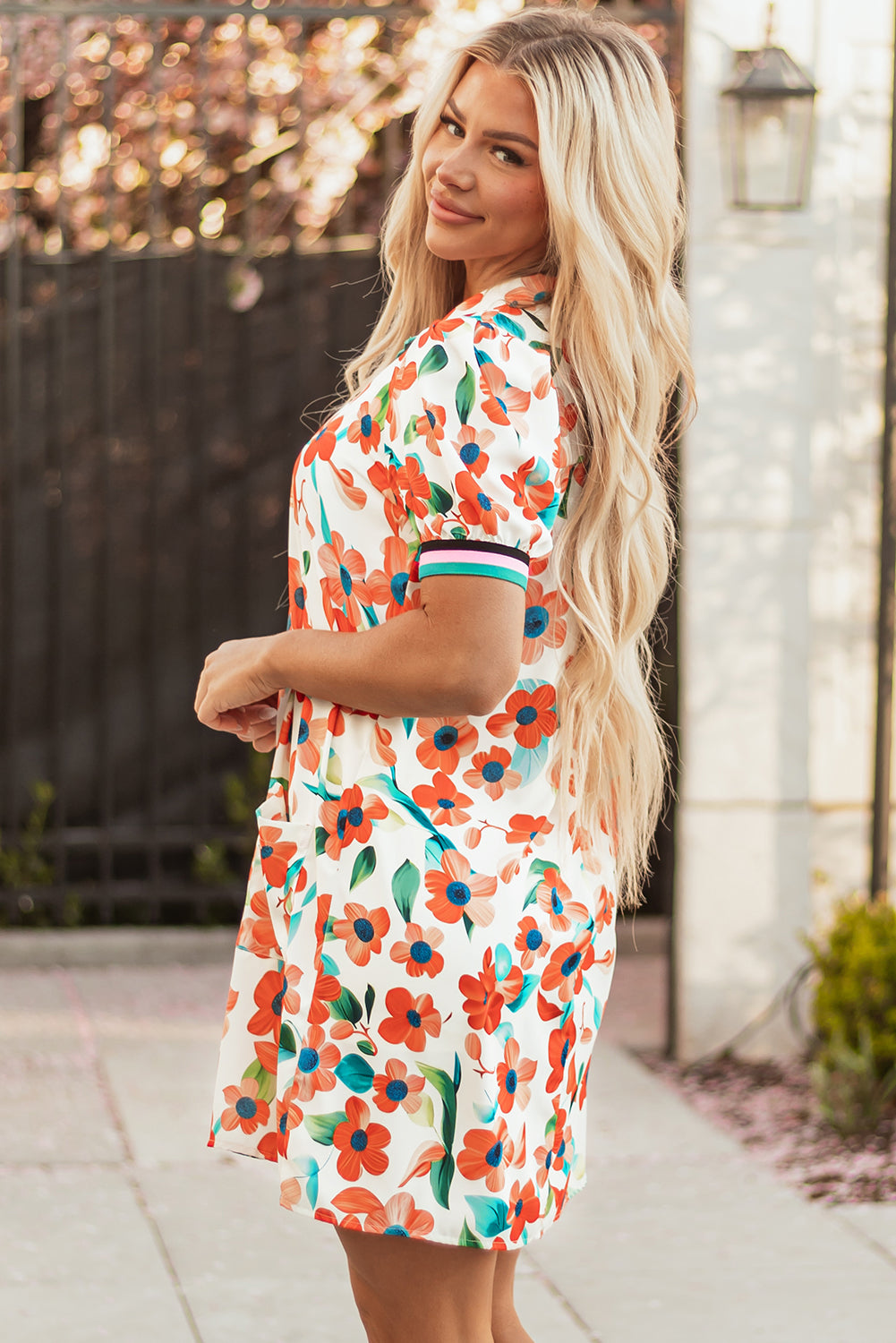 Rayne Floral Split Neck Puff Short Sleeve Tiered Dress