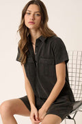 Washed-black denim collared short sleeve shirt dress with button details