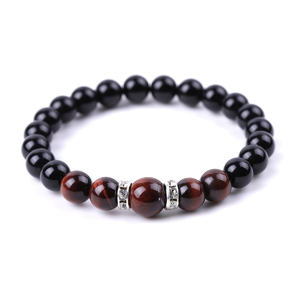Tiger's Eye and Black Stone Micro-Inlaid Diamond Bead Bracelet