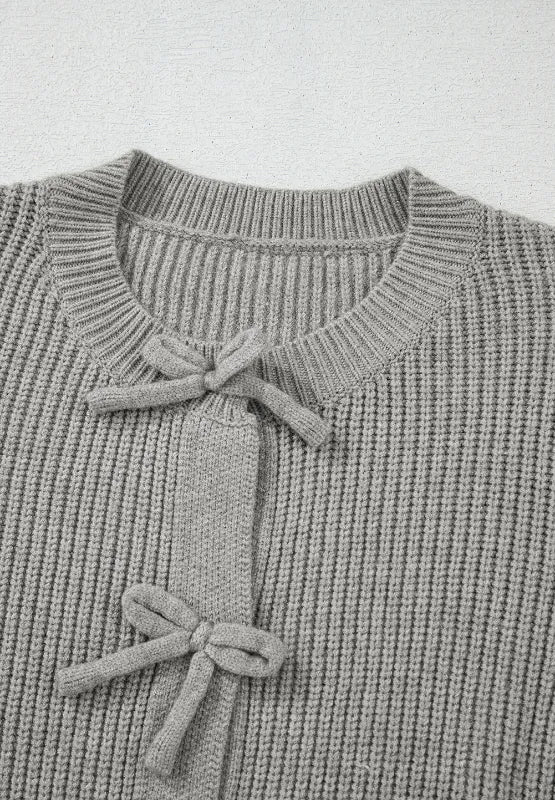 Bow Round Neck Long Sleeve Cardigan
