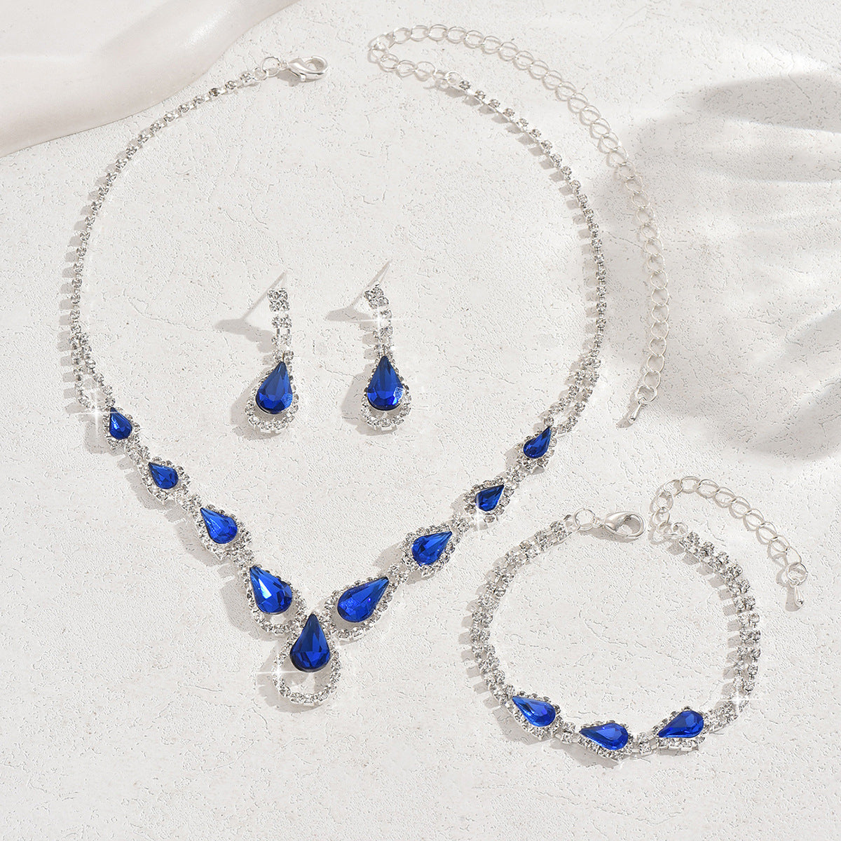 Women Simulated Sapphire Teardrop Halo 3Pcs Jewelry Set, V Neck Necklace Long Drop Earrings Thin Tennis Bracelet Gold Rhodium Two Tone Plated For Wedding Pageant September Birthstone Gift