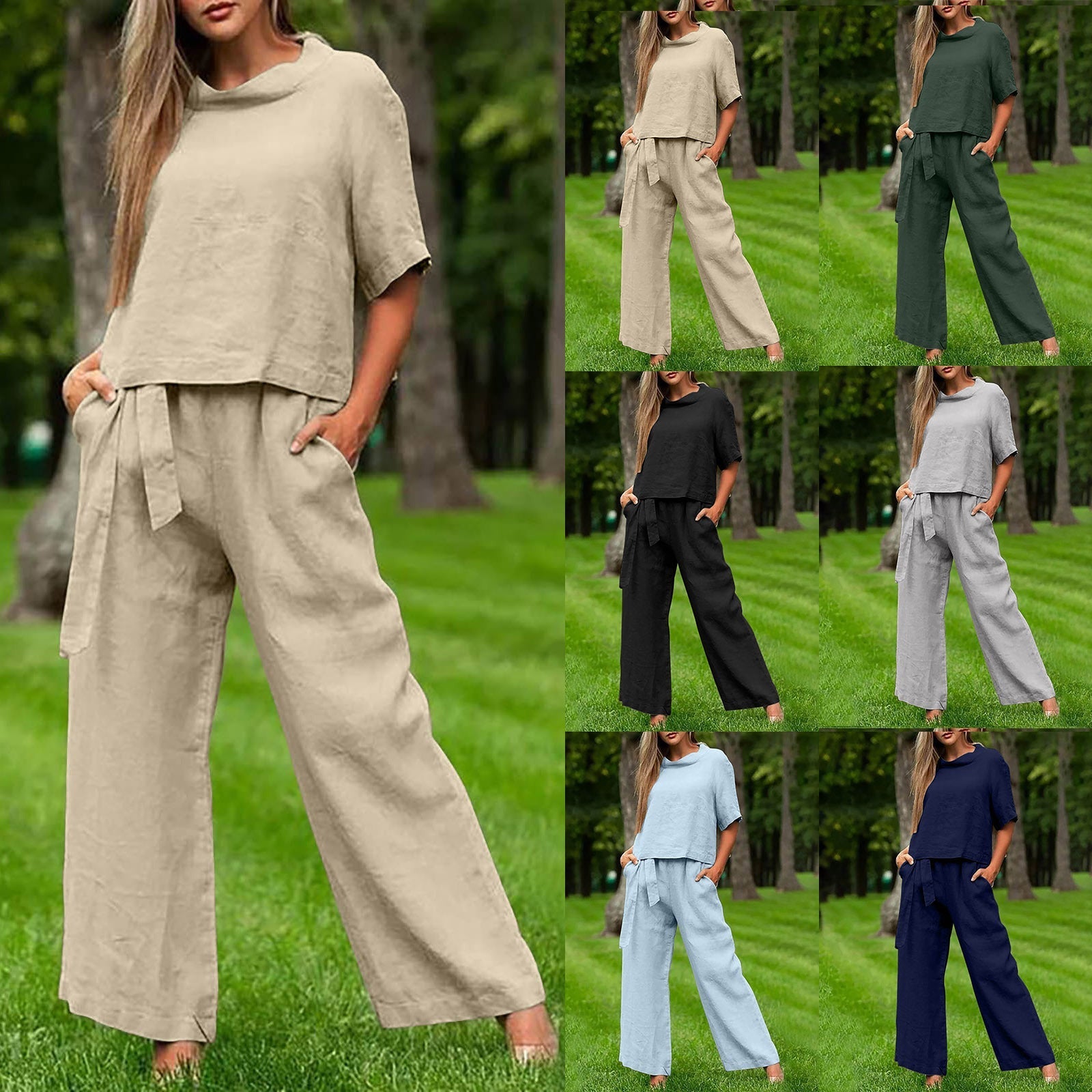 A woman wearing a two-piece set featuring a beige round-neck 3/4 sleeve top and matching wide-leg pants with a tie waist.