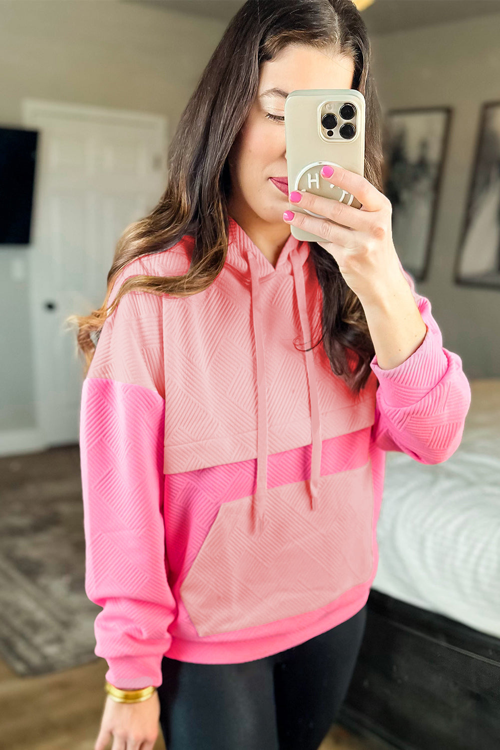 Pink Textured Color Block Drop Shoulder Kangaroo Pocket Hoodie