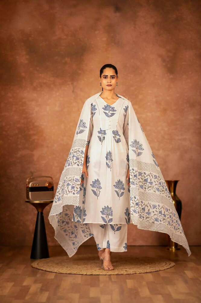 Off White and Blue Hand Block Printed Cotton Suit Set