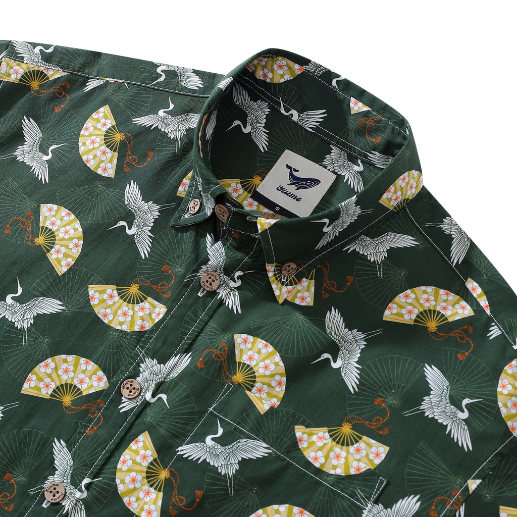 Men's Luck of the Cranes Cotton Aloha Shirt Dark Green