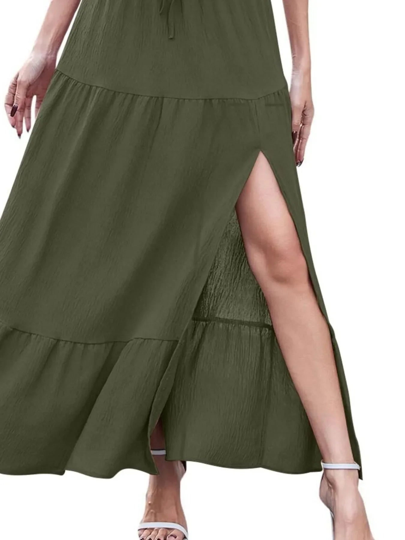 White Tiered Ruffled Maxi Skirt with Side Slit - Image 15