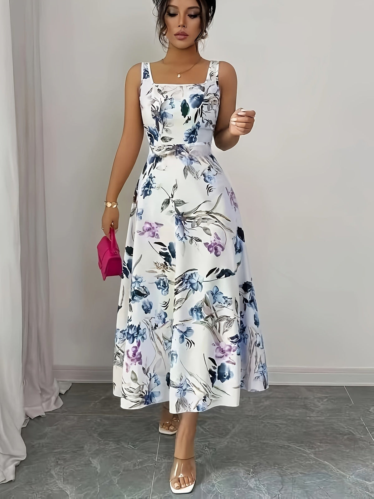 Elegant Floral A-Line Sleeveless Square Neck Long Dress