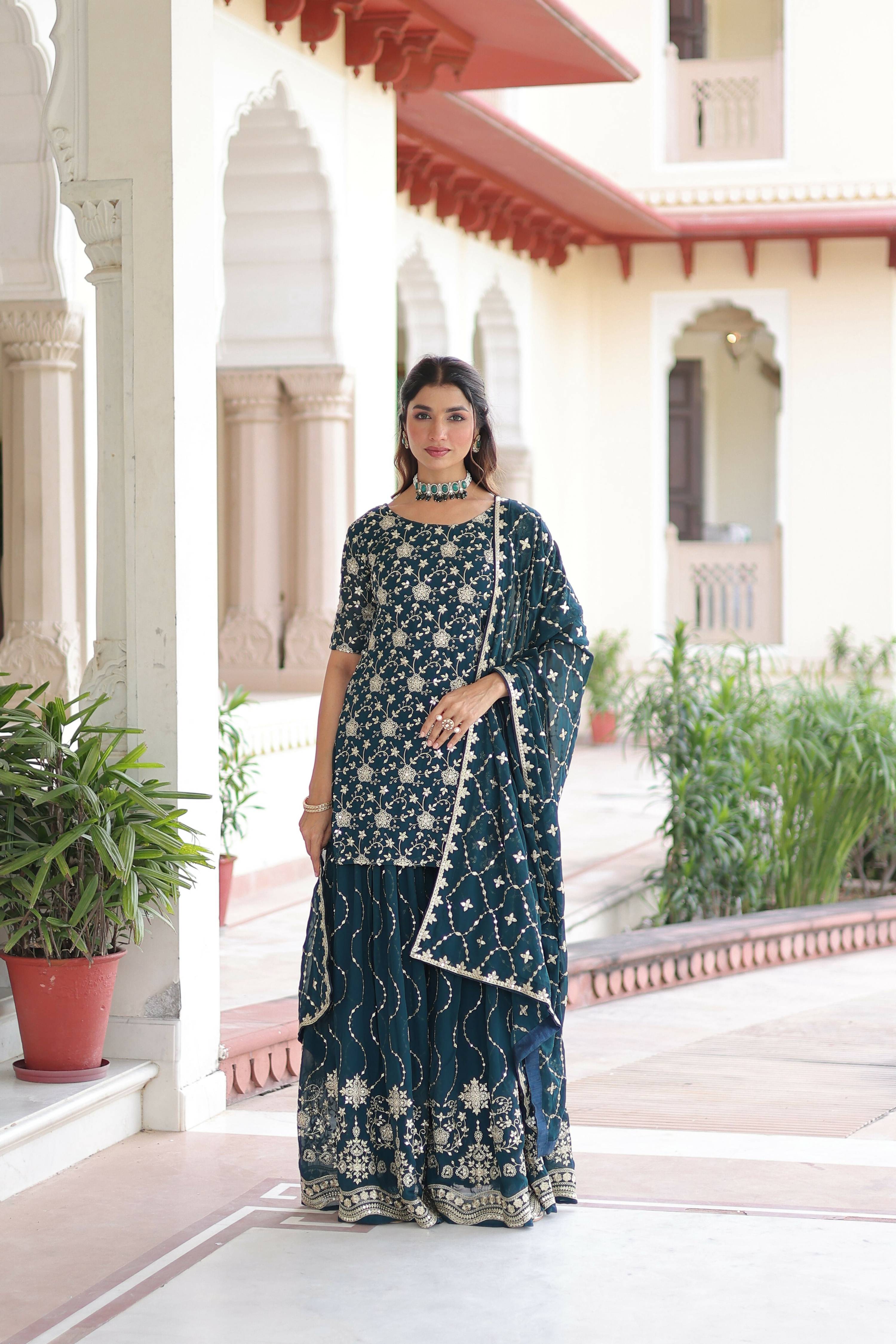 Joban Fashion Rama Green Readymade Kurta Set With Sequence embroidery Work