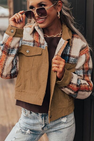 Plaid Corduroy Button Up Jacket with Flap Pockets