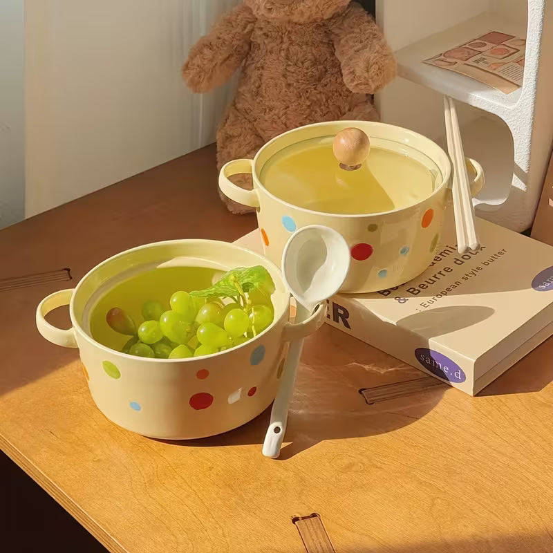 Colorful Polka Dot Ceramic Noodle Bowl with Lid