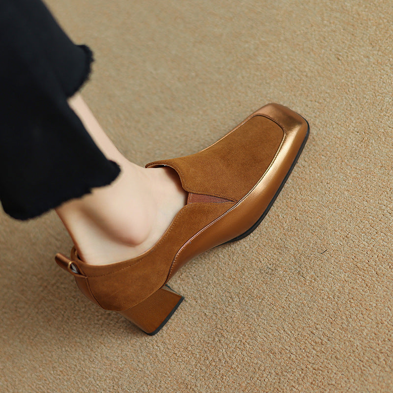 Women's Bronze Cowhide Square Toe Chunky Heel Slip-On Pumps - Image 2