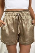 Metallic Tie Elastic Waist Cuffed Hem Shorts