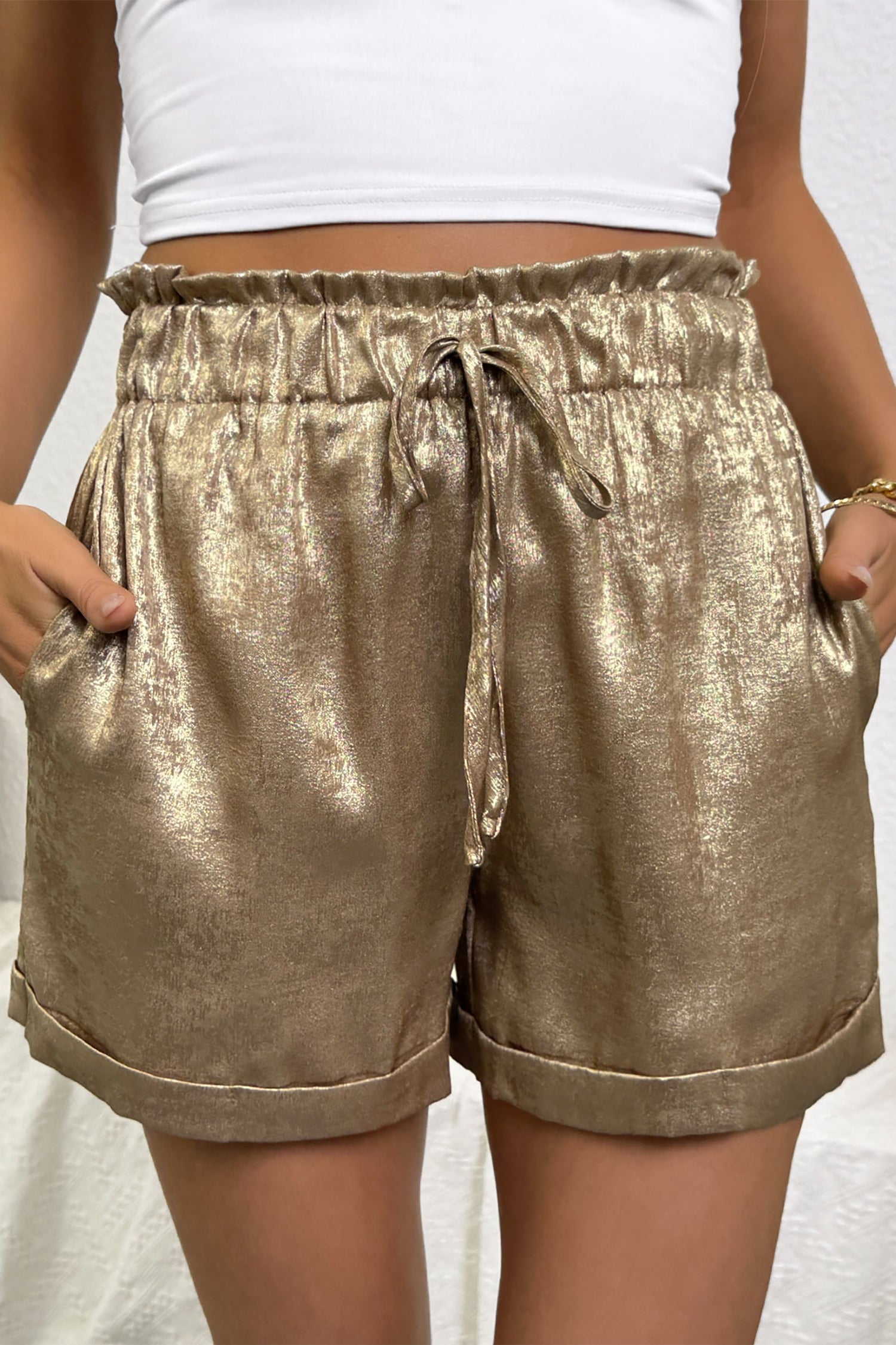 Metallic Tie Elastic Waist Cuffed Hem Shorts