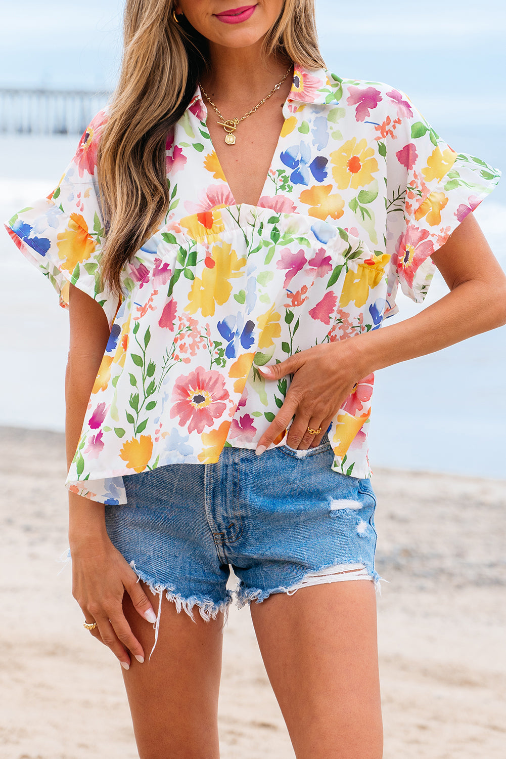 Yellow Floral Boxy V Neck Blouse with Ruffled Short Sleeves
