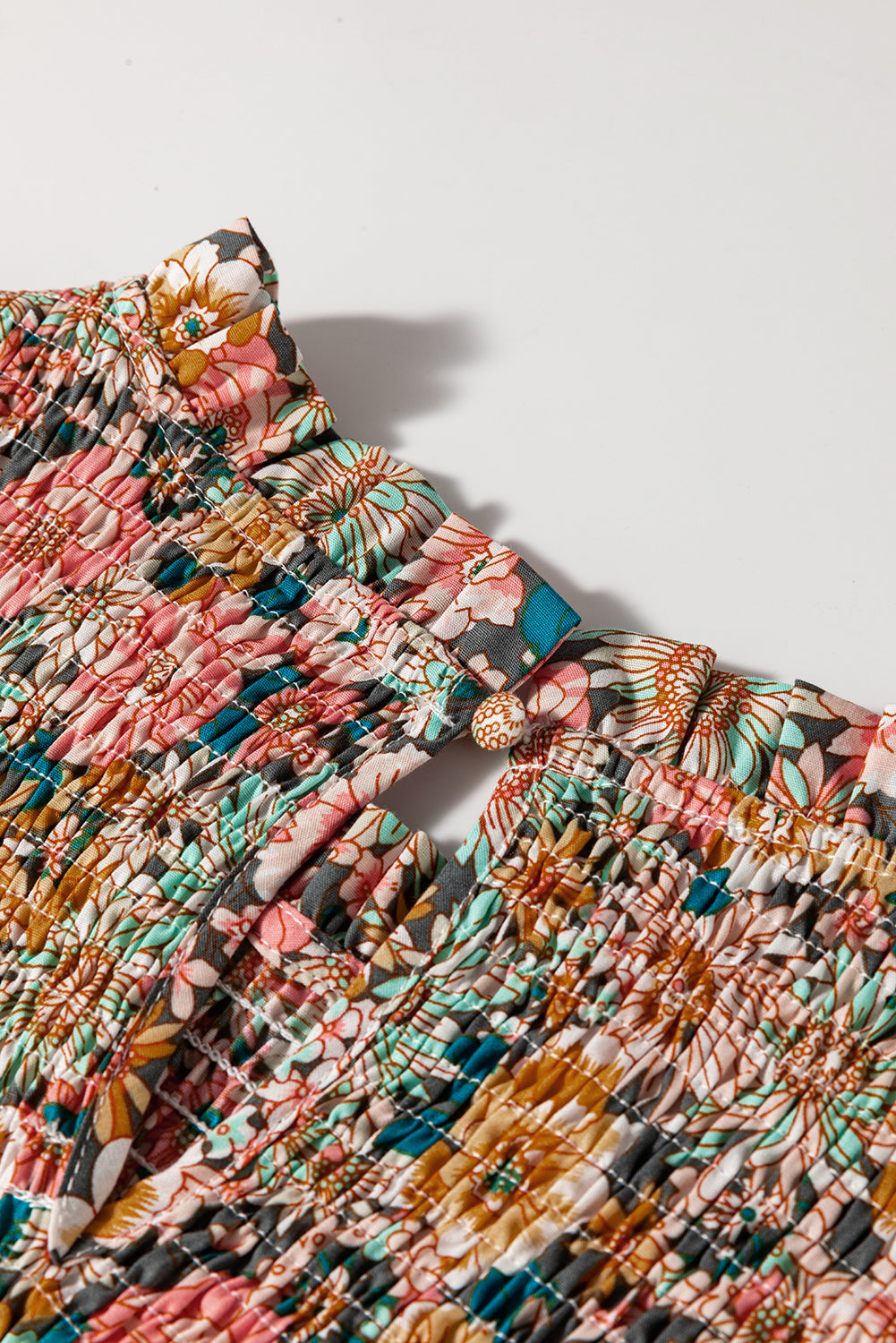 Yellow Floral Print Smocked Bubble Sleeve Crop Top