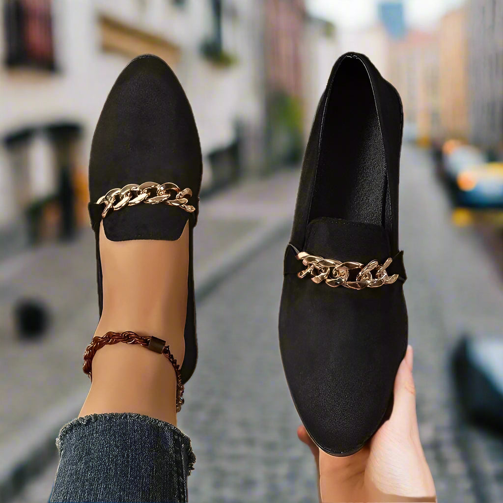 Women’s Pointed Toe Chunky Block Heel Loafers with Chain Detail
