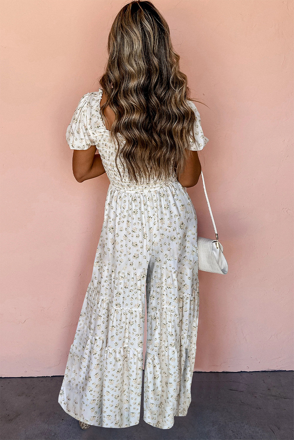 White Boho Floral Smocked Wide Leg Jumpsuit Puff Sleeve