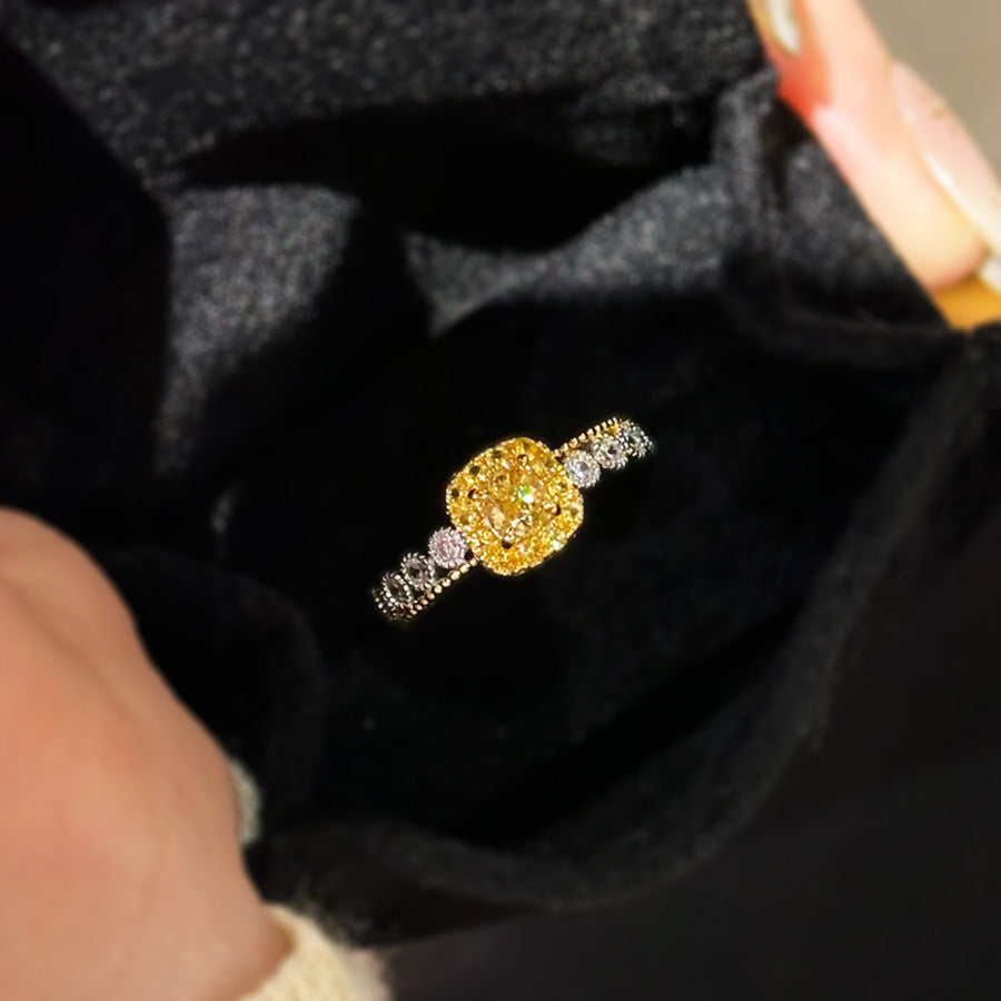 Light Luxury Yellow Diamond Sugar Cube & Pineapple Ring, Niche Design, High-End Exquisite Fashion Gemstone Ring For Women