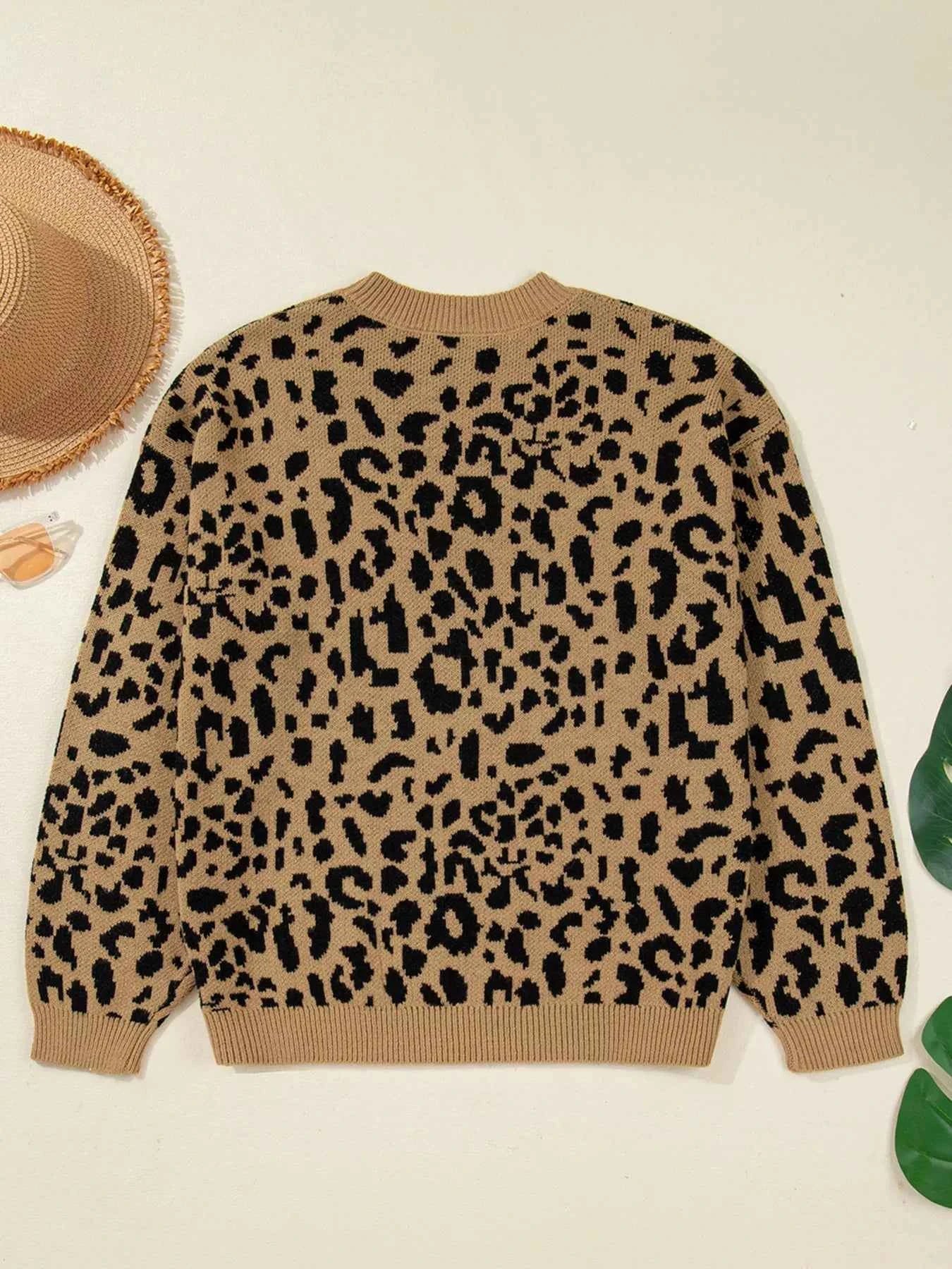 Ribbed Trim Round Neck Leopard Drop Shoulder Sweater