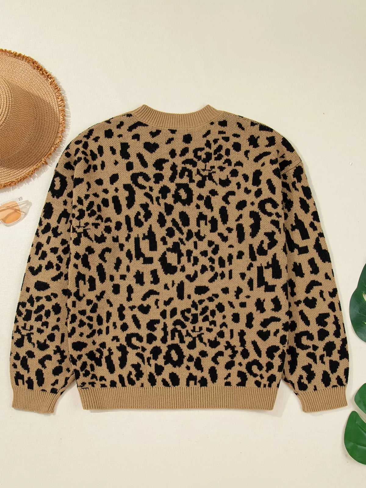 Ribbed Trim Round Neck Leopard Drop Shoulder Sweater