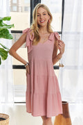 Dusty pink cotton V-neck dress with adjustable tie shoulders