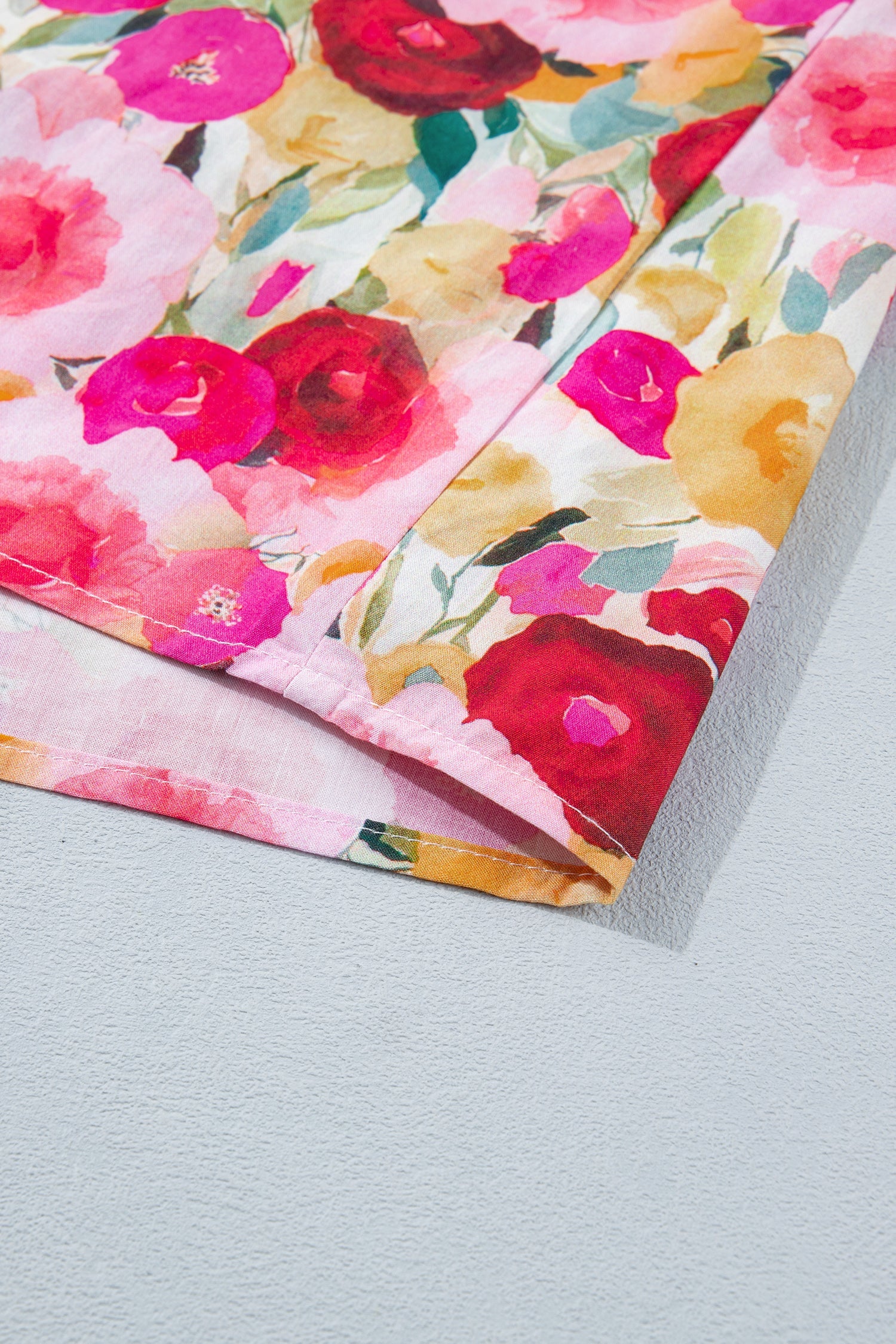 Oaklynn Puff Short Sleeve Floral V-Neck Top in Pink Red Yellow