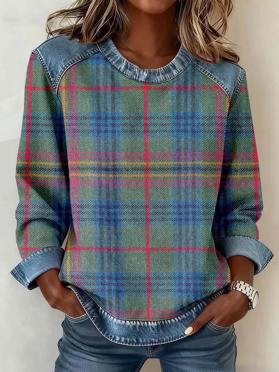Denim Collar Patchwork Knit Pullover – Women’s Street Style Top
