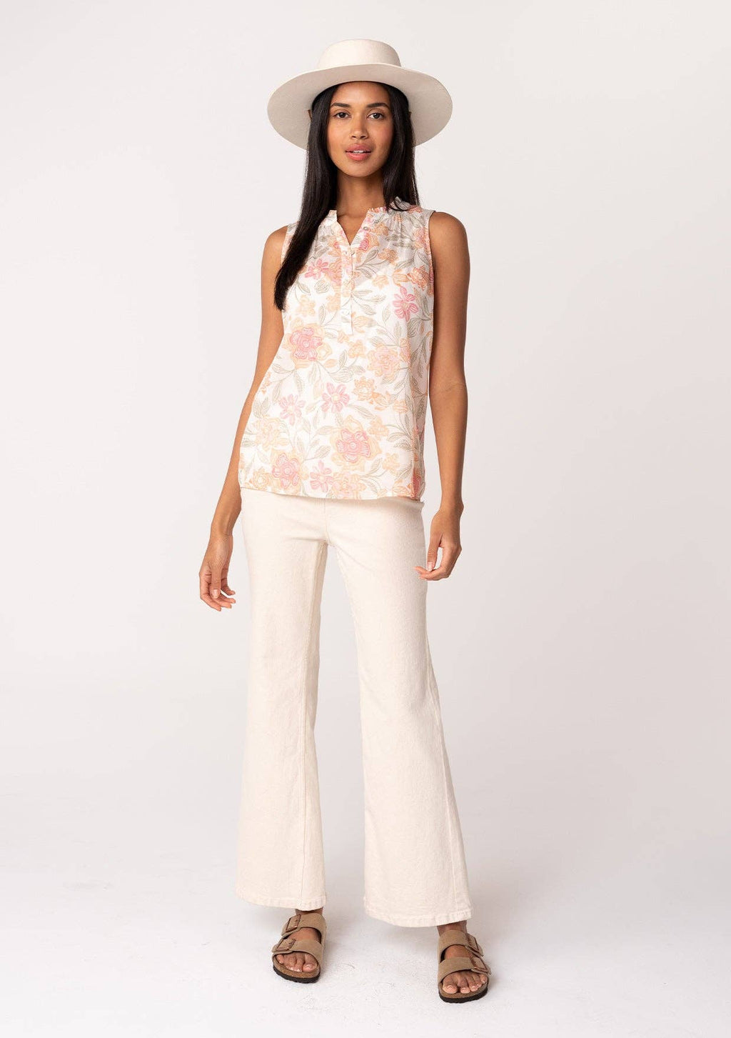 Sheer Floral Button Front Ruffle Neck Tank in Natural and Coral