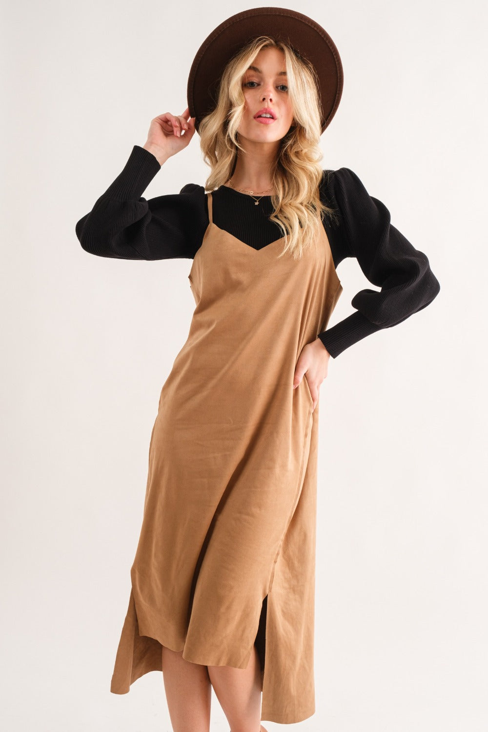 Tan faux suede midi cami dress with side slit and cut-edge details