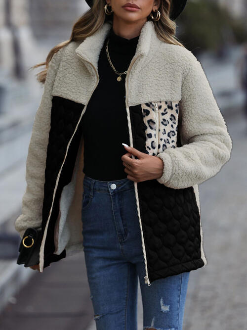 Women's Leopard Color Block Zip-Up Jacket