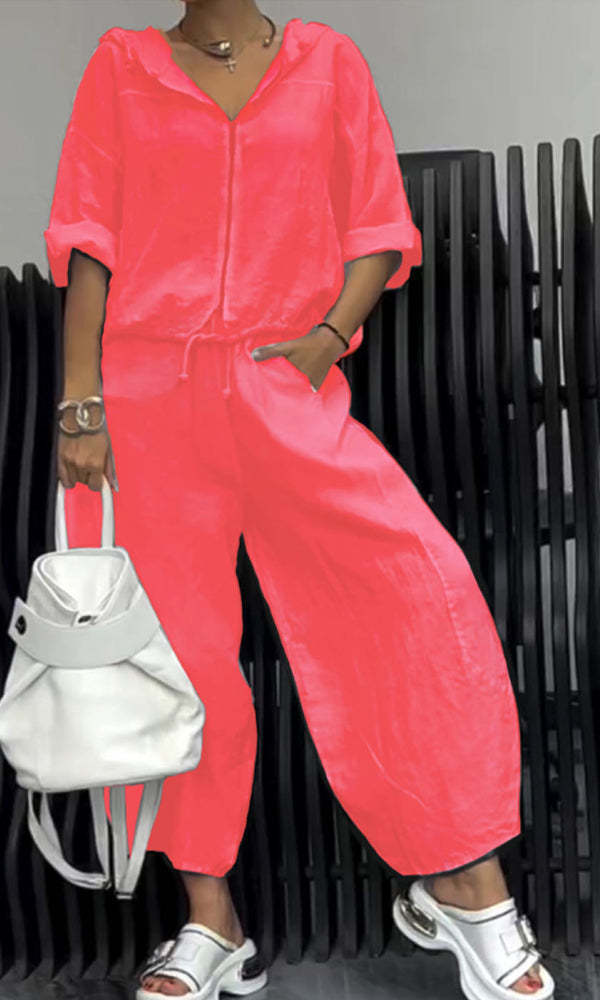 Women’s Cotton Linen Hooded Long Sleeve Top and Pants Set - Image 7