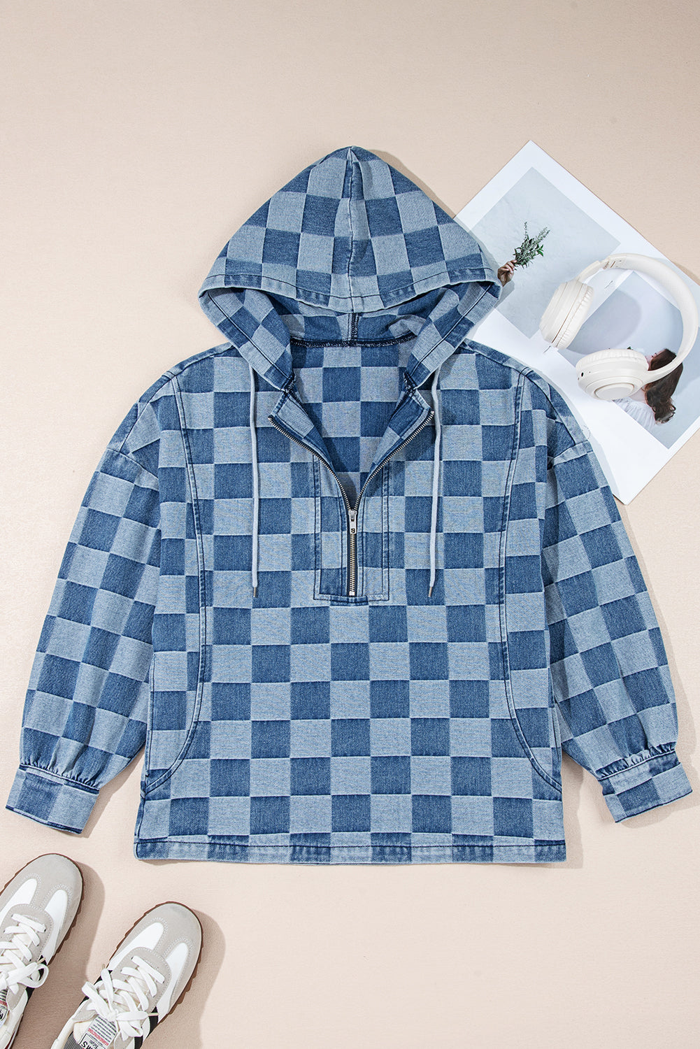 Sky Blue Checkerboard Zipped Collar Denim Hoodie