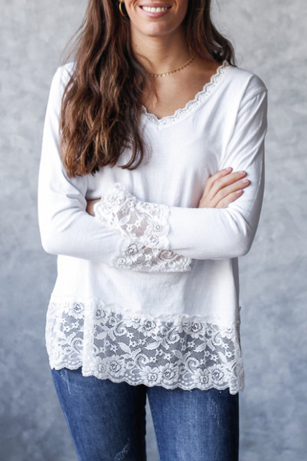 White Lace Trim V Neck Cuffed Long Sleeve Loose Top