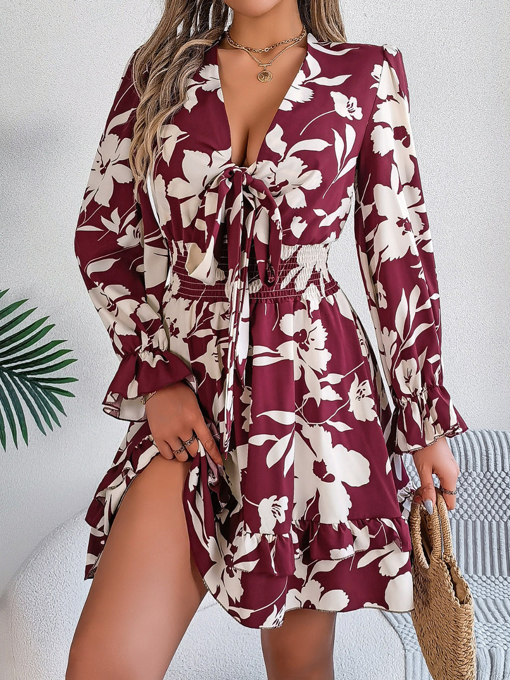 Floral Ruffled Long Sleeve Midi Dress in Lilac Maroon Green Cream
