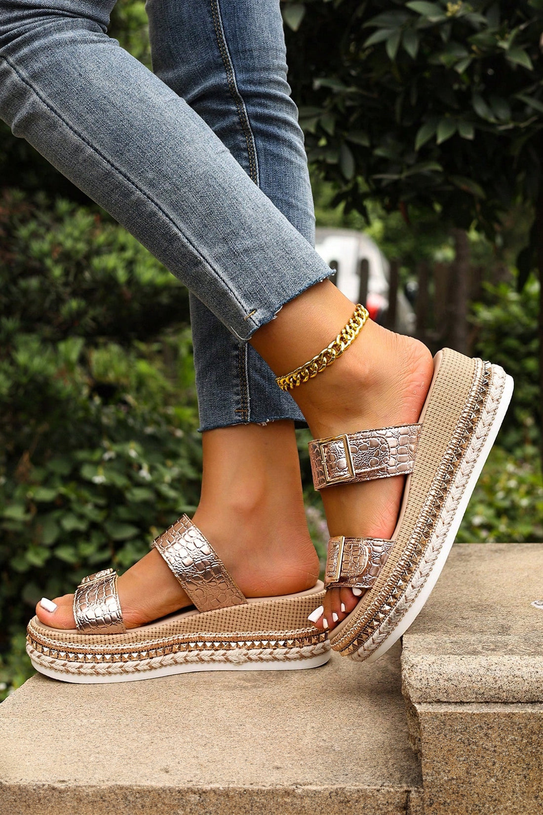 Cattleya Buckle Wedge Platform Slippers - Bohemian Animal Print
