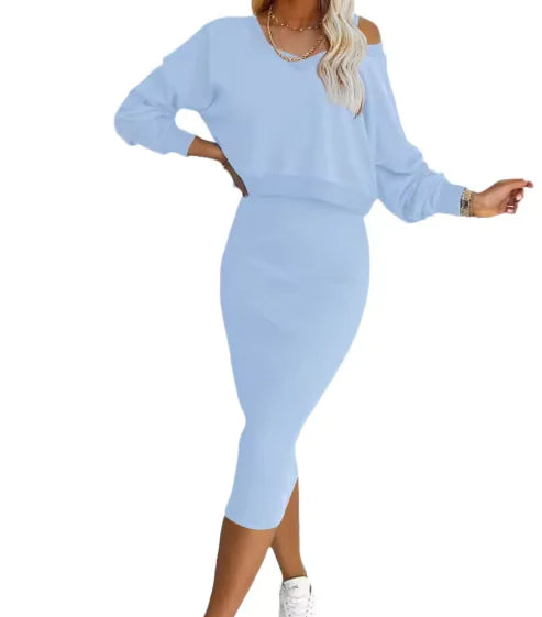 Women's V-Neck Long Sleeve Sweater Top and Midi Skirt Set - Image 30