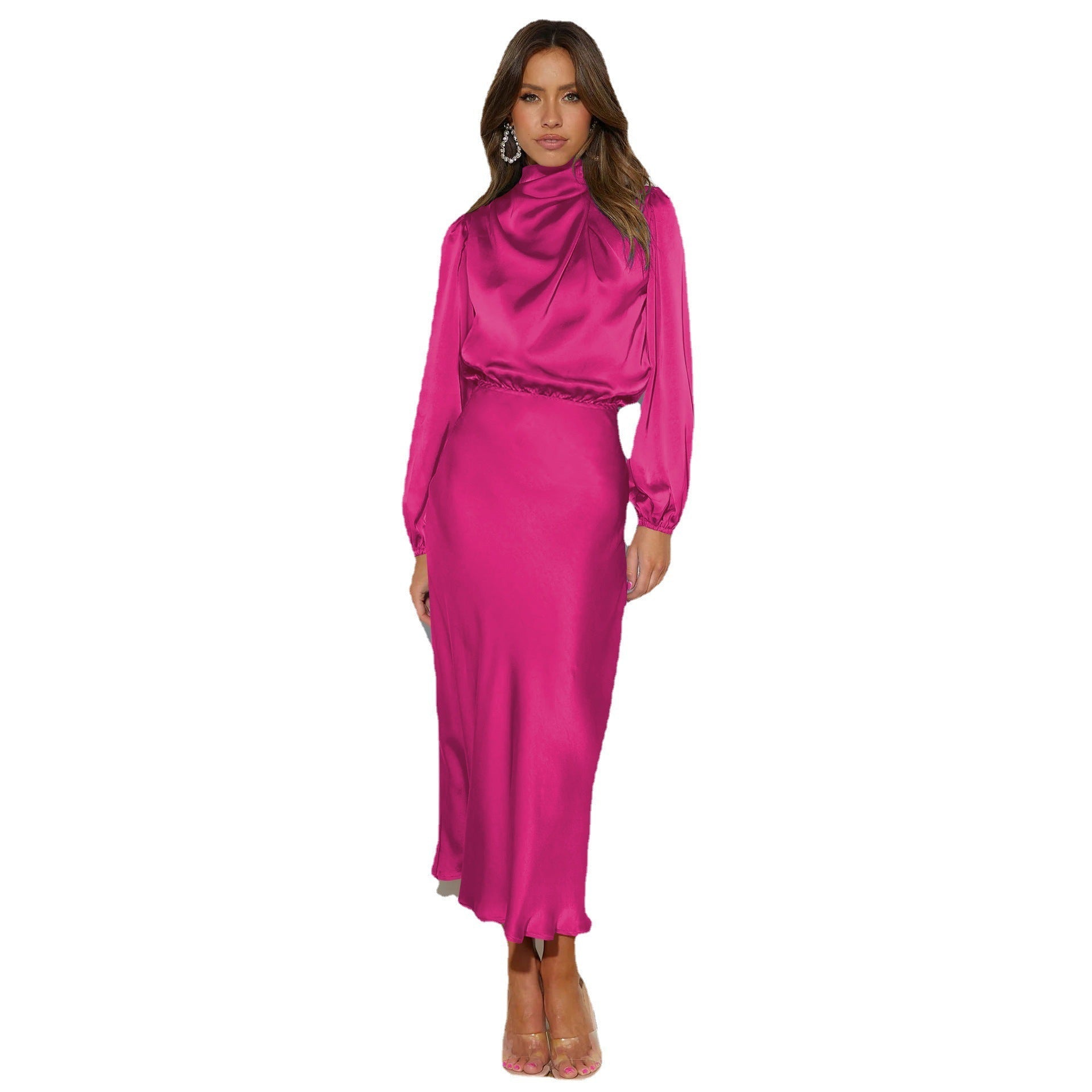 Satin Halterneck Long-Sleeved Mid-Length Evening Dress