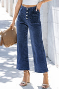 Blue wide leg cropped denim jeans with button-front detail