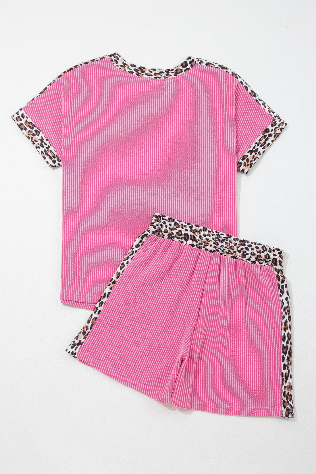 Pink Leopard Trim Corded Knit Top & Shorts Lounge Set