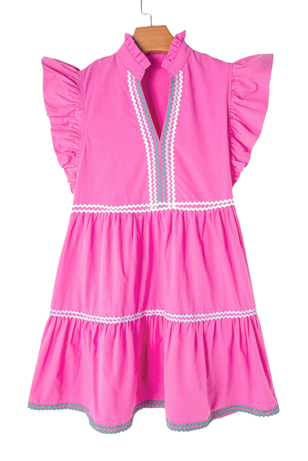 Pink Flutter Sleeve Tiered Ric-Rac Mini Dress